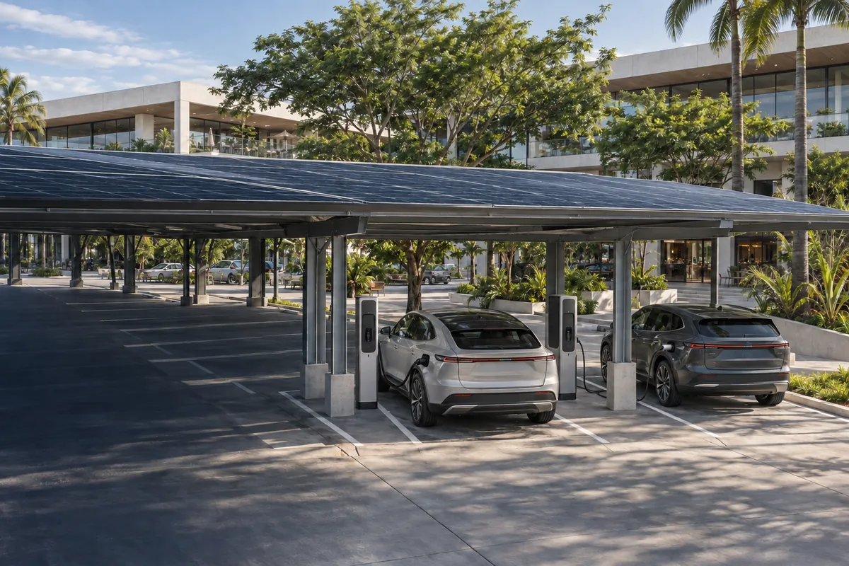 Carport solar de una sede comercial con electrolineras conectadas a vehículos; visualización conceptual.