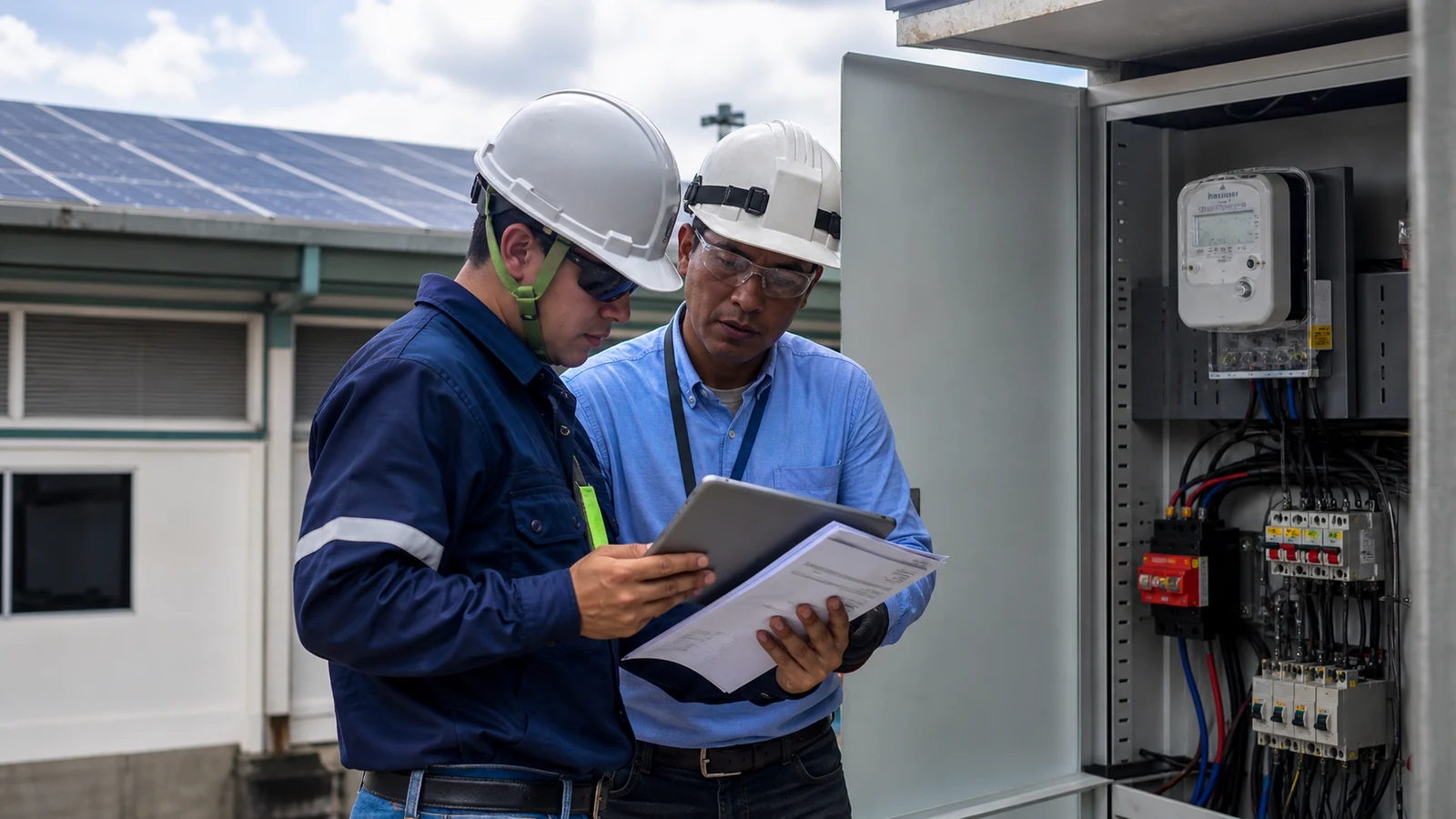 Ingenieros revisando la sede, el medidor y el consumo energético
