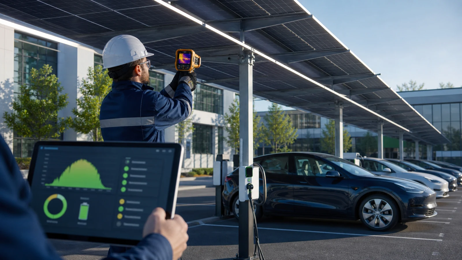 Técnico monitoreando y manteniendo un sistema solar en operación