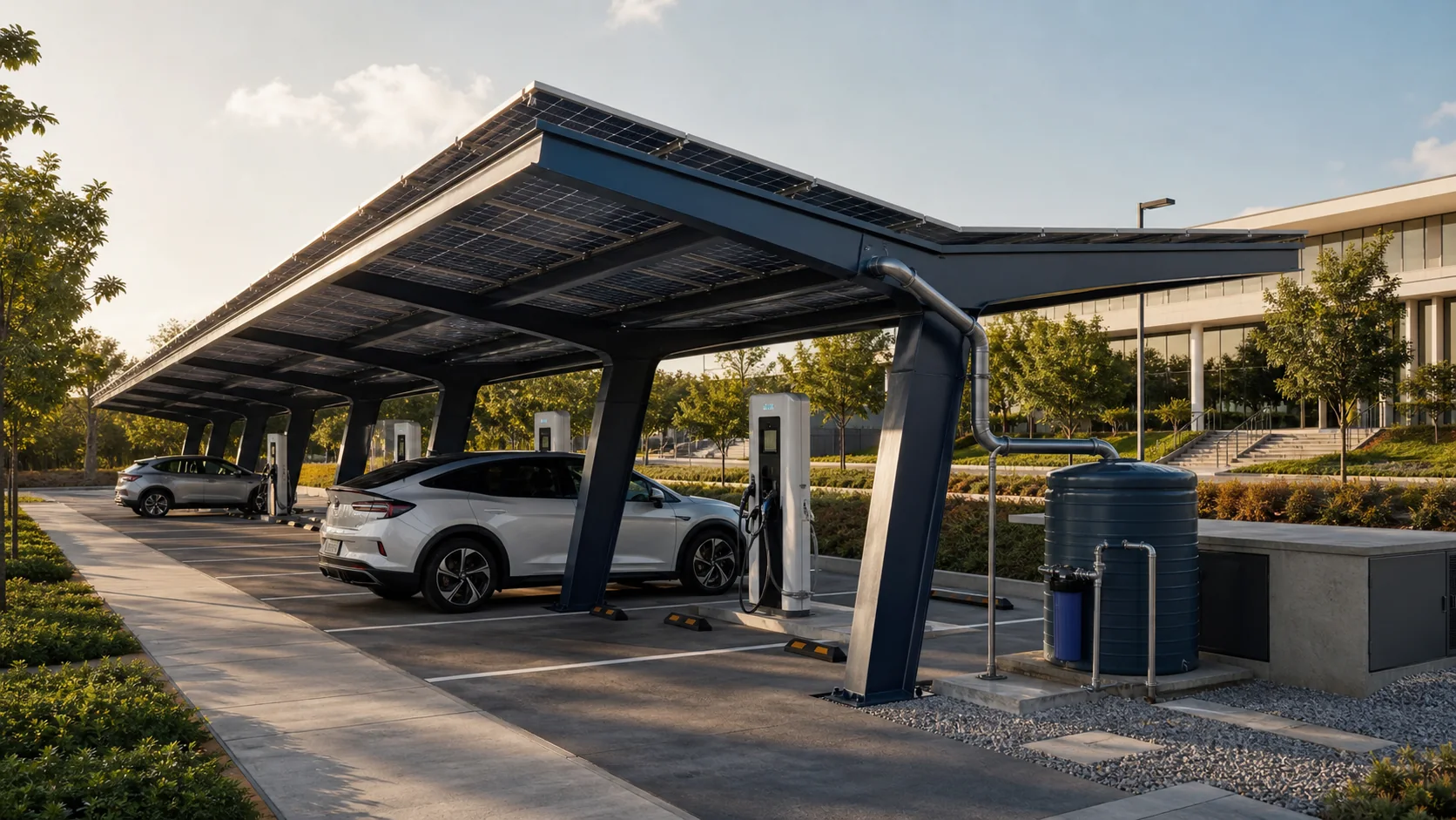 Carport solar con vehículos eléctricos, electrolineras y recolección de agua