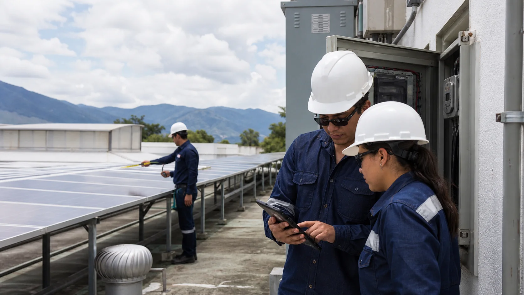 Equipo técnico evaluando una instalación eléctrica para un proyecto solar