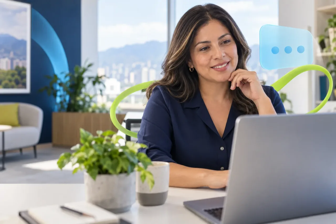 Escena ilustrativa: Asesora atendiendo una conversación desde su puesto de trabajo.