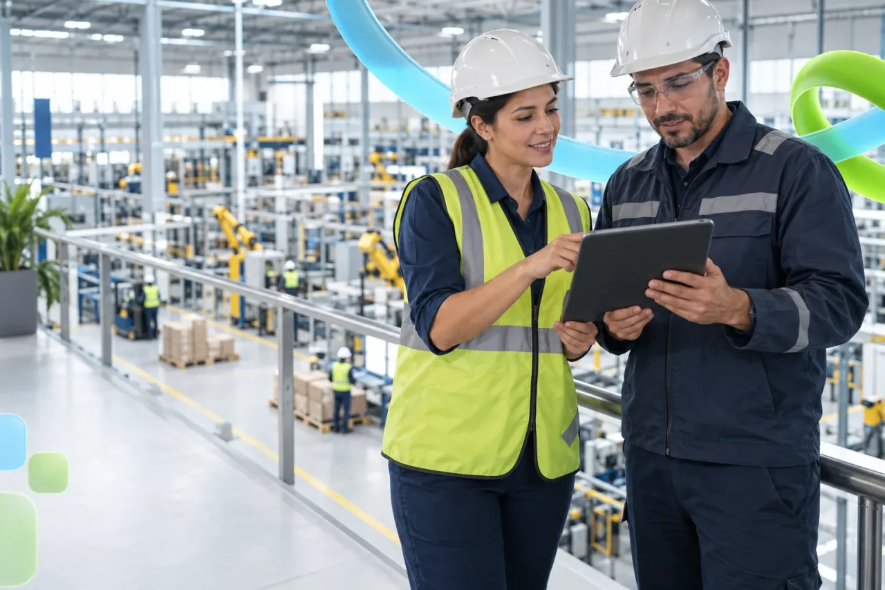 Escena ilustrativa: Especialistas con protección industrial revisando una tableta en una fábrica.