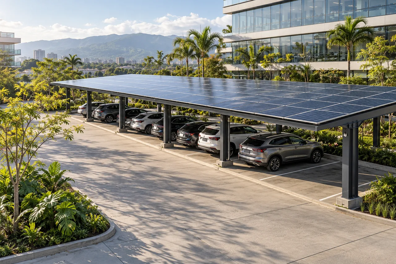 Escena ilustrativa: Carport fotovoltaico con vehículos y estructura de soporte.