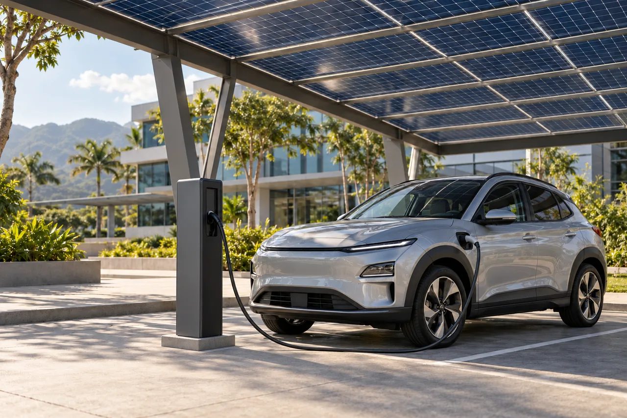 Visualización conceptual de un vehículo eléctrico conectado a una electrolinera junto a un carport solar; su inclusión está sujeta a estudio y no representa un proyecto documentado de Zaxon.