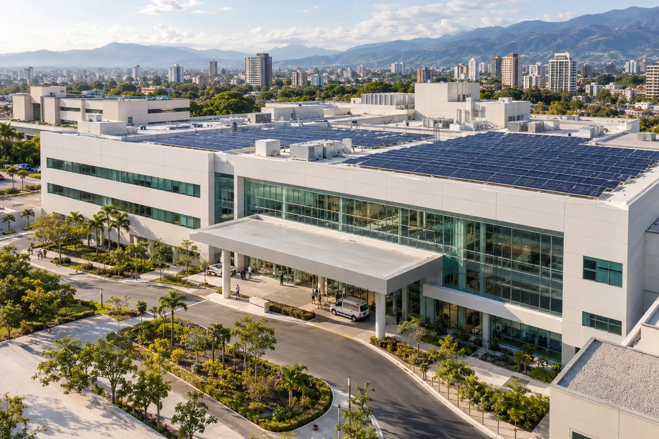 Visualización conceptual de un hospital con un sistema solar en su sede; no es un proyecto documentado de Zaxon.