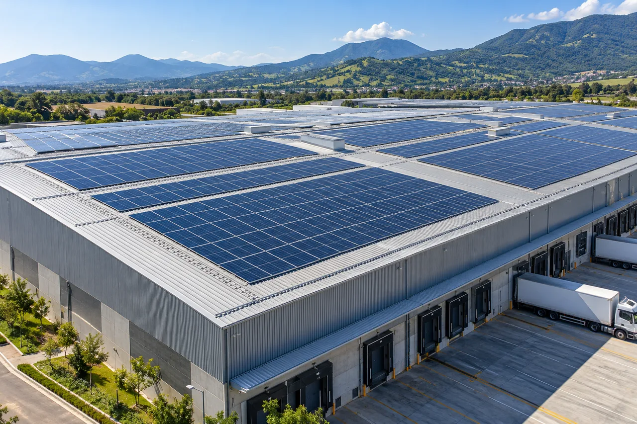 Visualización conceptual de paneles solares instalados sobre la cubierta de una empresa; no es un proyecto documentado de Zaxon.