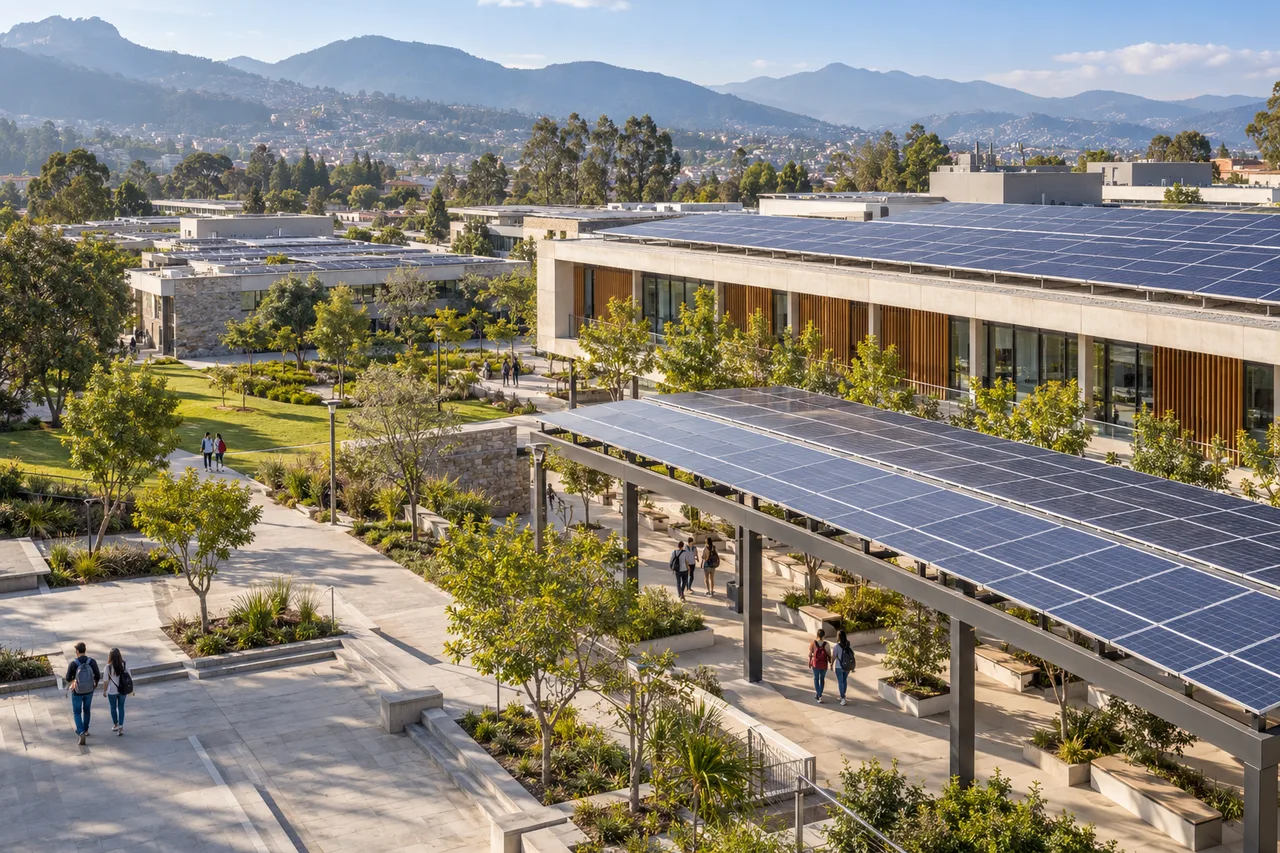 Visualización conceptual de un campus universitario con infraestructura solar; no es un proyecto documentado de Zaxon.
